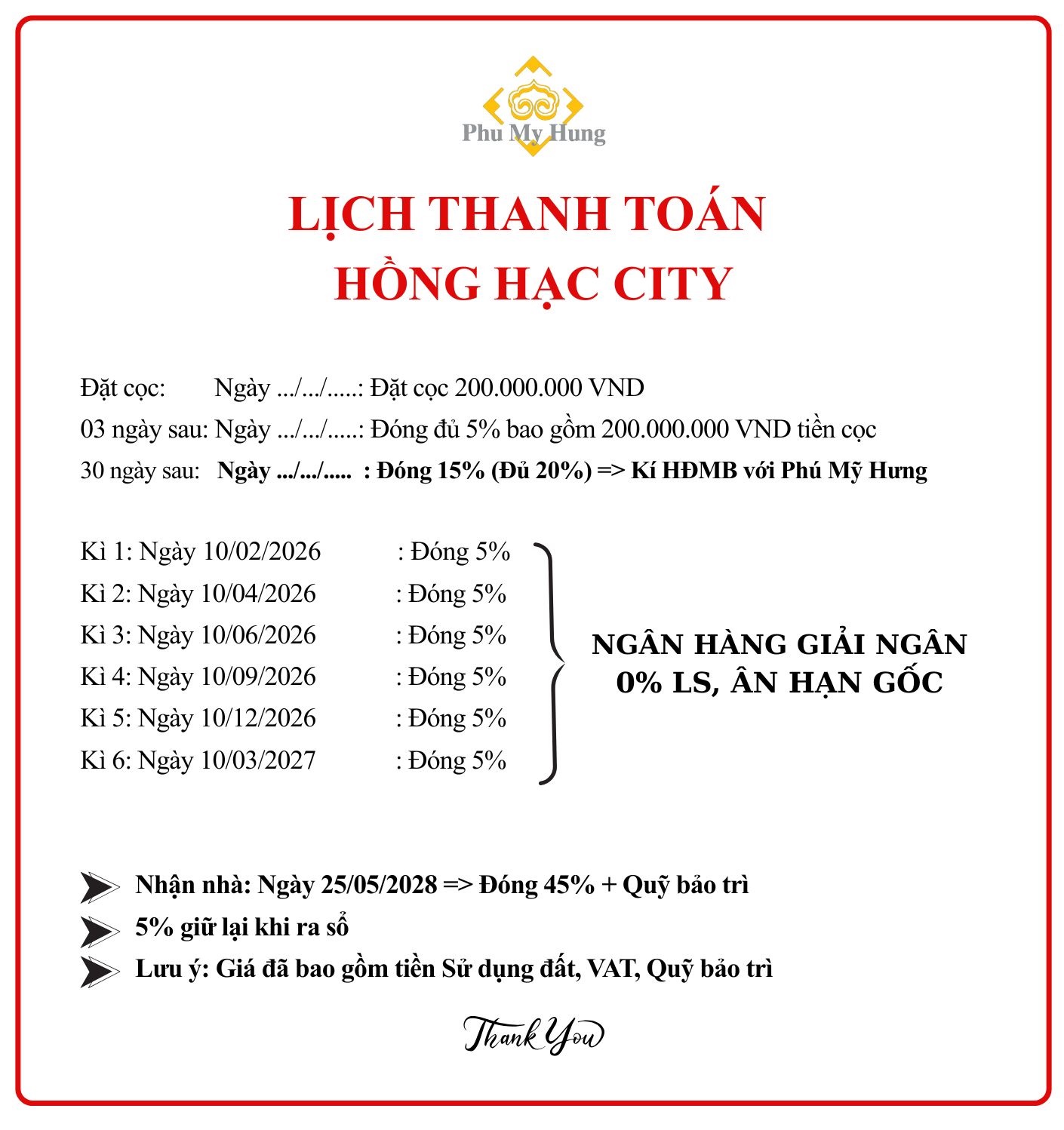 Lịch thanh toán Hồng Hạc City