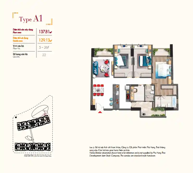 Mặt bằng căn hộ 3 phòng ngủ của căn hộ Midtown M7 The Signature 137.81m2