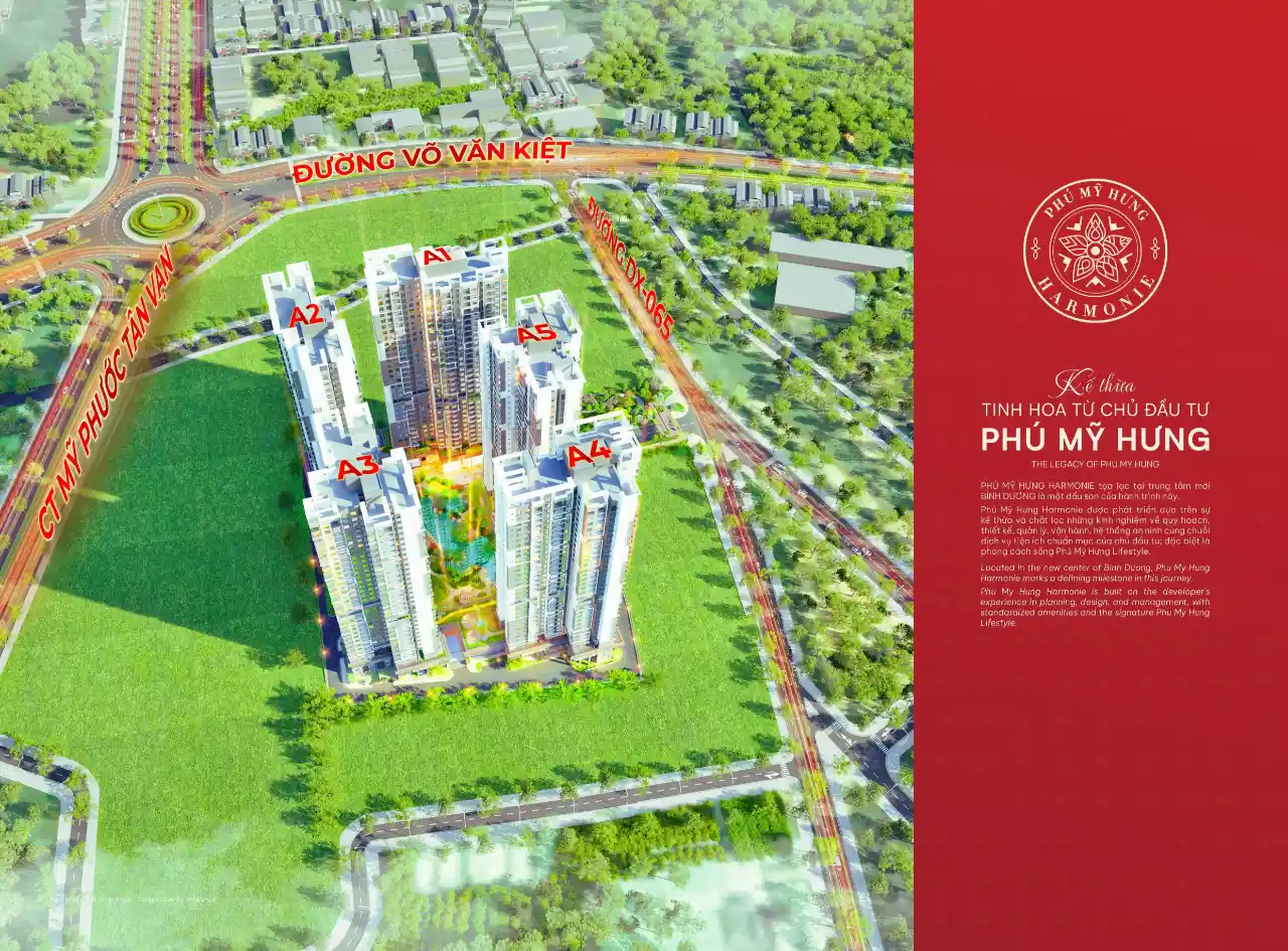 Mặt bằng tổng thể The Harmonie Phú Mỹ Hưng gồm 5 tháp A1 A2 A3 A4 A5 tương ứng các tên như sau Ivies, Camellia, Peony, Lavender và Olive