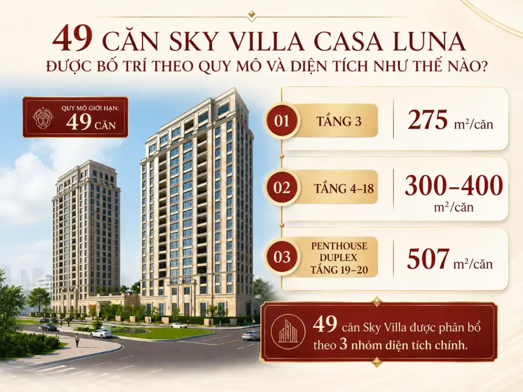 49 căn Sky Villa Casa Luna được bố trí theo quy mô và diện tích như thế nào