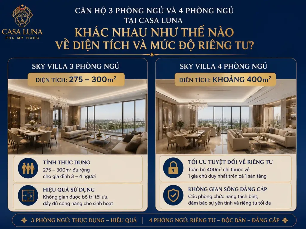Căn hộ 3 phòng ngủ và 4 phòng ngủ tại Casa Luna khác nhau như thế nào về diện tích và mức độ riêng tư
