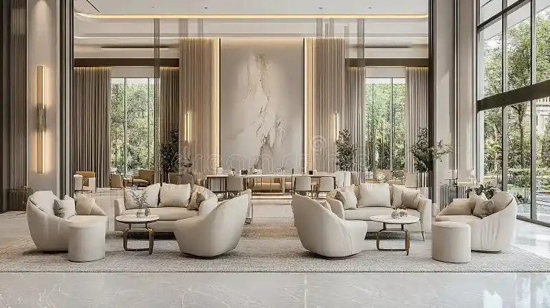Không gian VIP Lounge hạng sang với nội thất tân cổ điển Pháp, ánh sáng tự nhiên và tầm nhìn ven hồ