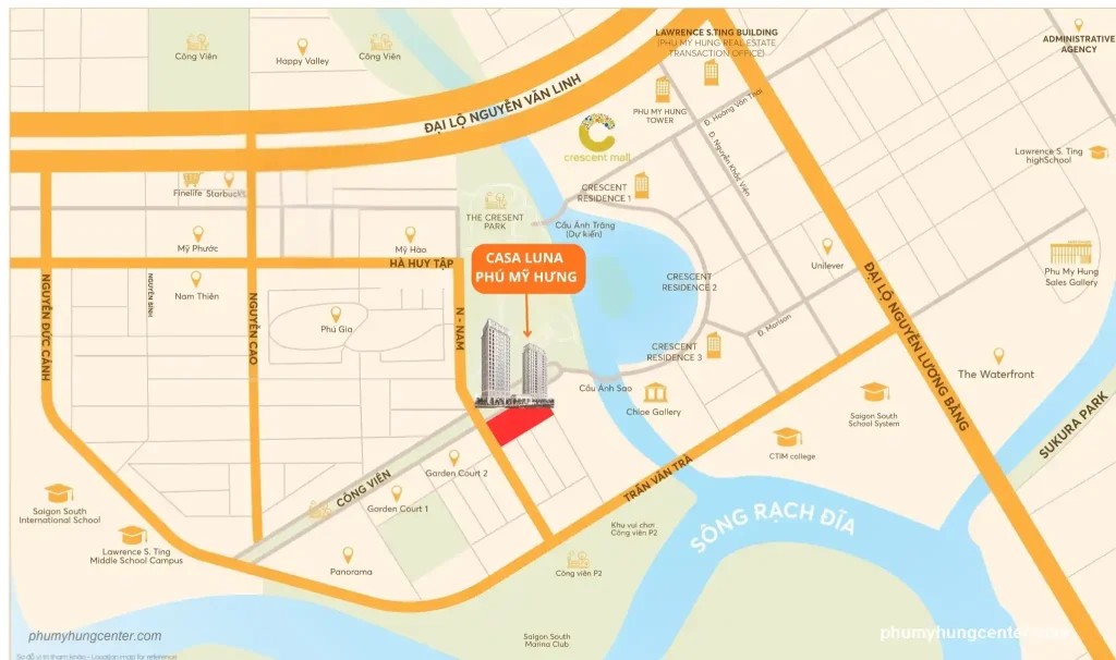 Vị trí Casa Luna Phú Mỹ Hưng tọa lạc tại lô CN8-2, mặt tiền đường Tôn Dật Tiên, tiểu khu Kênh Đào, phường Tân Phú, Quận 7, TP.HCM.